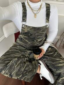 Dazy Plus Camouflage Print Pocket Casual Streetwear Sweet Cool Loose Fit Long Denim Overalls Plus Size Women Spring Summer - Army Green - View 8