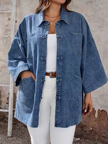 EMERY ROSE EMERY ROSE Plus Size Casual Loose Fit Denim Jacket For Vacation Teacher Outfits For Women - Dark Wash - View 3