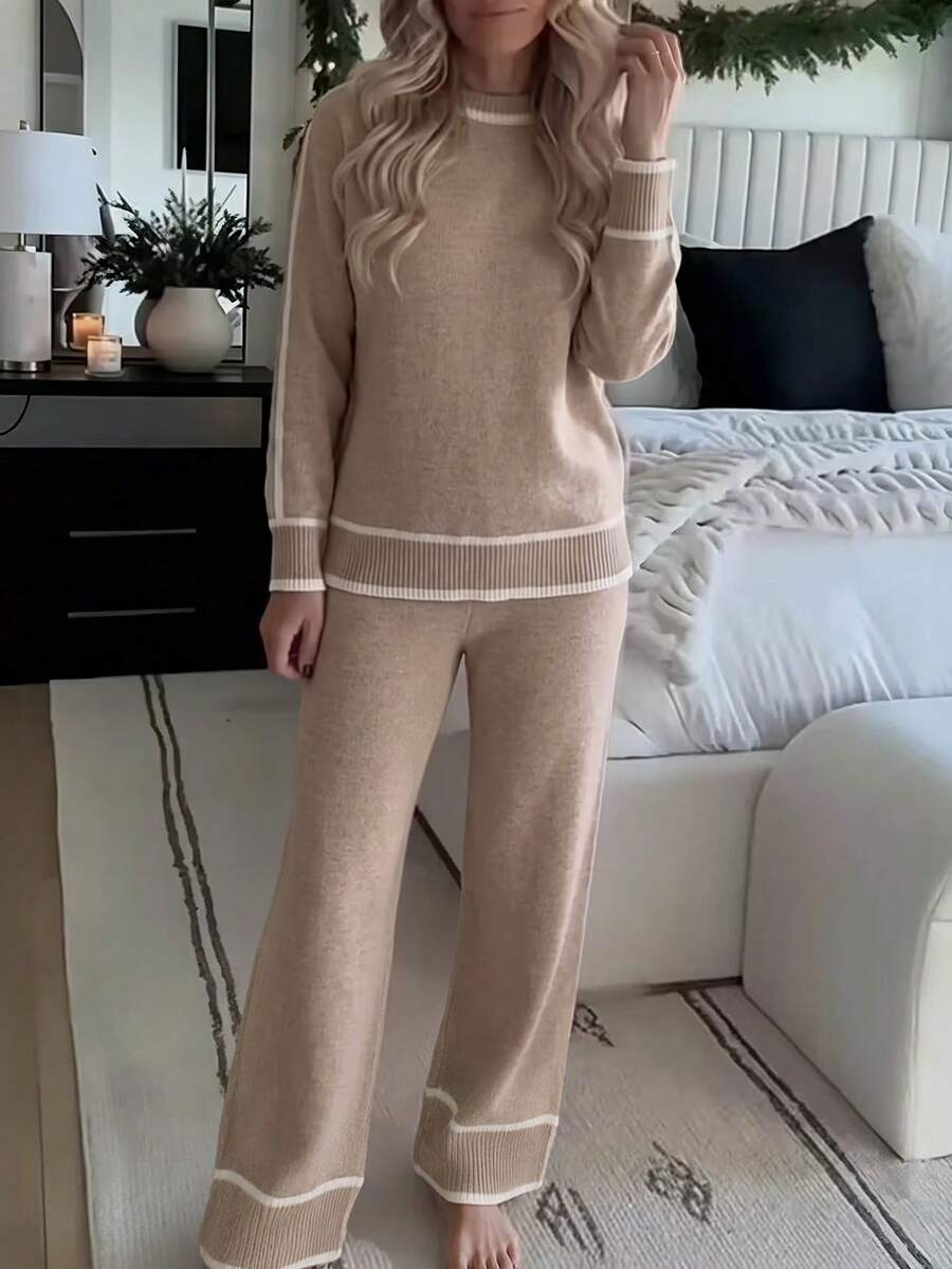 SHEIN LUNE Women's Round Neck Minimalist Long Sleeve Sweater Set, Autumn/Winter Oatmeal Color 2 Pieces Set, Lazy Commute Slim Fit, Versatile Contrast Trim Sweater 2 Pieces Set