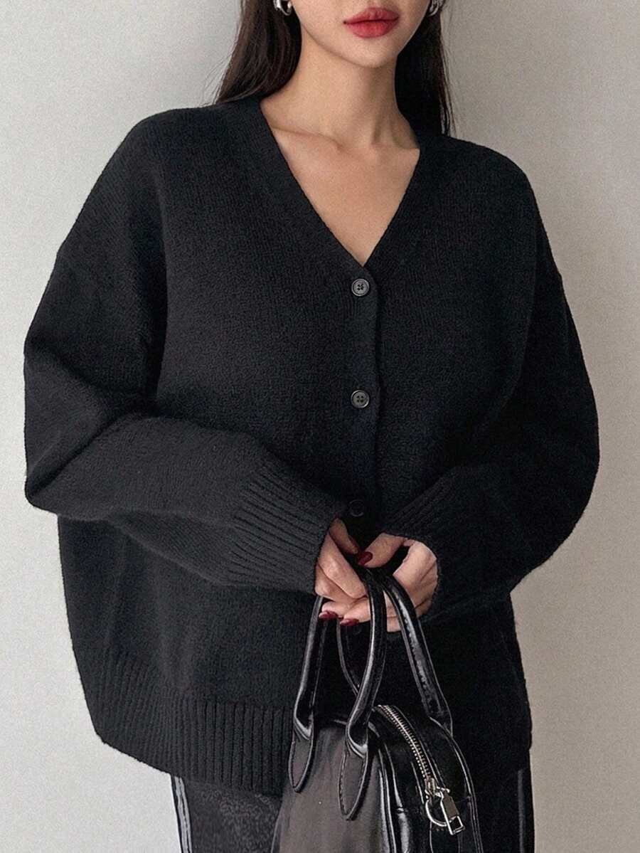 DAZY Women's Solid Color V-Neck Casual Versatile Daily Wear Long Sleeve Sweater - Black - View 1