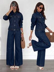 Firerie Women's Long Sleeve Single-Breasted Denim Jacket And Jeans Casual Set Fall/Winter - Blue - View 10