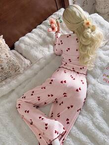 CottageSlumber Romantic Lace Trim Striped Heart Print Knit Textured Bow Decor Long Sleeve Long Pants Pajama Set Autumn/Winter Women - Multicolor - View 3