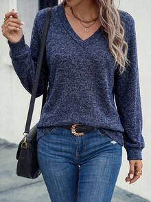 SHEIN LUNE Women's V-Neck Long Sleeve Casual Versatile Sweatshirt - Royal Blue - View 6