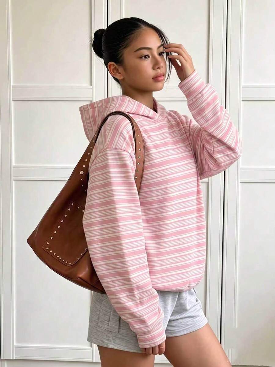 Tween Girls' American Retro Striped Print Hooded Sweatshirt, Suitable For Spring And Autumn Casual Wear, Street Sweet Cool Style, Fashionable Versatile Hooded Sweatshirt For Girls - Multicolor - View 1