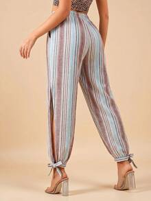 Travachic Celana Panjang Wanita Motif Garis-Garis dengan Blok Warna, Tali Serut di Pinggang, dan Belahan Samping, Cocok untuk Liburan - MultiWarna - View 3