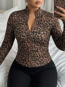 Dazy Plus Plus Size Fall New Brown Print Sports Casual Baggy Fitness Jacket Homewear Office - Brown - View 5