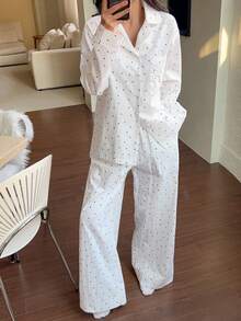 Dazy Tall Women's Polka Dot Blouse And Loose Long Pants Casual 2 Pieces Set Fall - White - View 9
