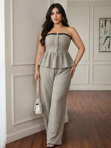 Dazy Plus Plus Size Contrast Color Ruffle Hem Bandeau Top And Wide Leg Pants Sweet 2 Pieces Set Lounge Sets For Women Vacation - Grey - View 9