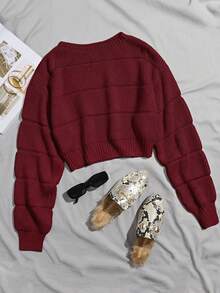 Franclia Autumn/Winter Casual Versatile Solid Color Cropped Sweater - Burgundy - View 1