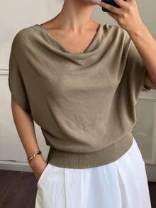 Livesso Tall Women's Cowl Neck Short Sleeve Casual Knit Top Fall - Khaki - View 5