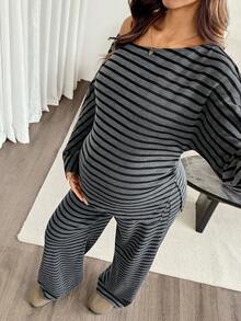 SHEIN Setelan Hamil 2 Potong: Atasan Bergaris Blok Warna dengan Hem Asimetris dan Celana Panjang Kasual dengan Tali Serut di Pinggang (Musim Gugur) - Dark Grey - View 4