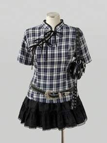 Sunspun Plus Size Summer Casual Plaid Tie-Front Cheongsam Collar Shirt - Multicolor - View 1