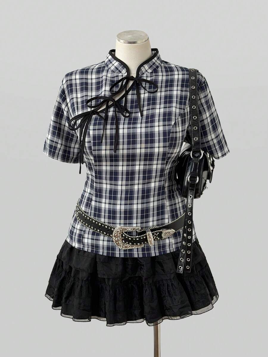 Sunspun Plus Size Summer Casual Plaid Tie-Front Cheongsam Collar Shirt - Multicolor - View 1