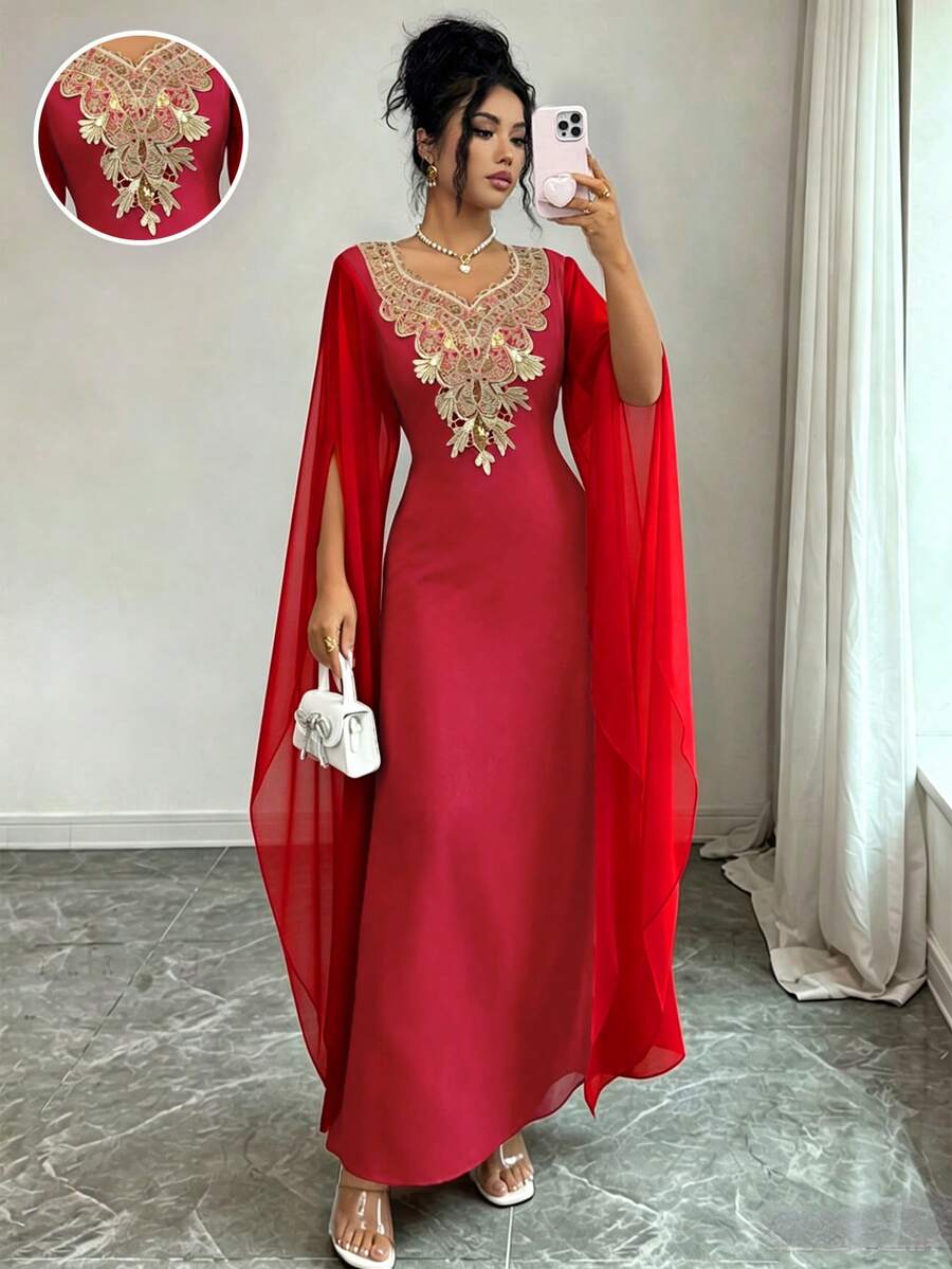 Elenzga 女士优雅收腰开衩长袖连衣裙,适合派对和各种场合 - 紅色 - 查看 1