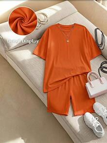 Slaydiva Setelan 2 Potong Kaos Lengan Pendek dan Celana Pendek Warna Polos Kasual Musim Panas Ukuran Besar - Jeruk - View 6