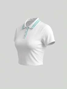 Sweetra Women's Striped Cropped Short Sleeve Polo Shirt - White - View 3