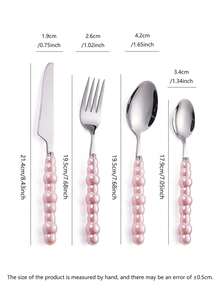 Set Peralatan Makan Stainless Steel 4 Buah dengan Hiasan Manik-Manik, Pisau, Aksesoris Dapur, Hadiah Natal, Perlengkapan Sekolah - Berwarna merah muda - View 6