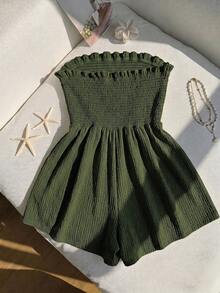Comfortcana 女款大尺碼夏季深綠色休閒傳統牛仔風純色荷葉邊飾抹胸式連身褲 度假正式海灘穿搭 - 軍綠色 - 查看 3