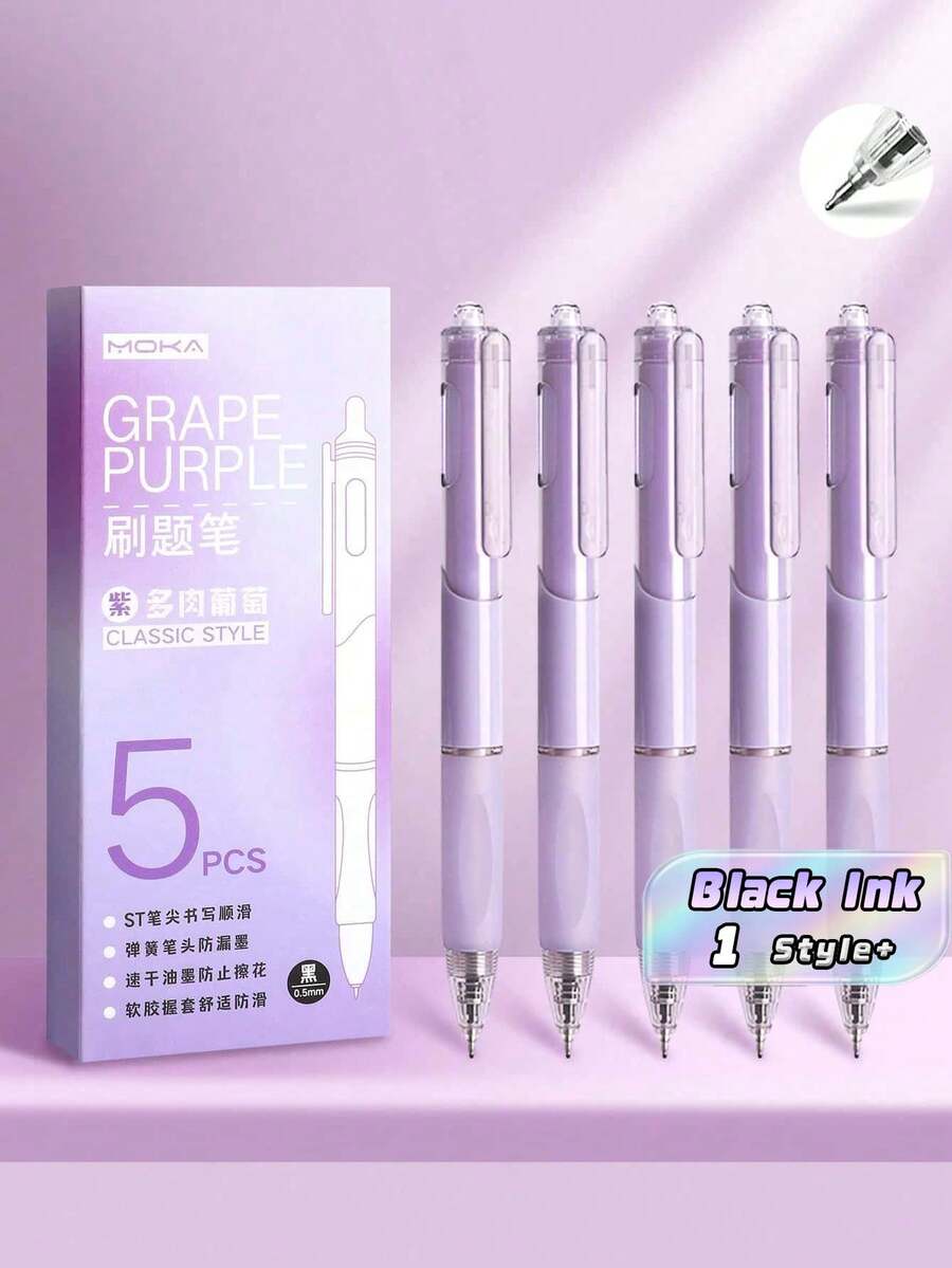 5Pcs/Set Retractable Gel Pens – Comfortable Silicone Grip, 0.5mm Black Ink, Smooth Writing Stationery Set For Office, School, Daily Use, Back-To-School Supplies - one-size - View 1