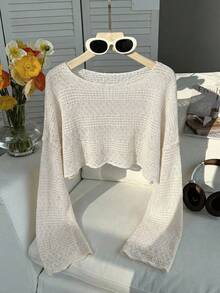 Comfortcana Plus Size Women's Solid Color Casual Cropped Sheer Top Fall - Apricot - View 3