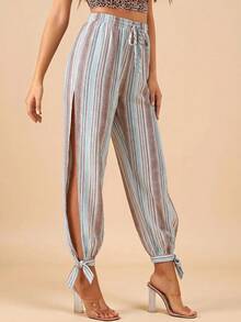 Travachic Celana Panjang Wanita Motif Garis-Garis dengan Blok Warna, Tali Serut di Pinggang, dan Belahan Samping, Cocok untuk Liburan - MultiWarna - View 4