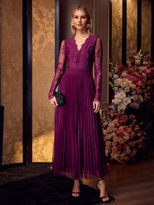 MOTF PREMIUM WOMEN'S ELEGANT SLIMMING WAIST LACE PATCHWORK PLEATED V-NECK A-LINE DRESS - Bold Plum - View 4