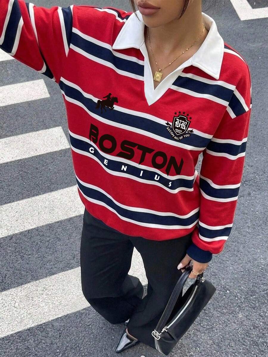 Muchica 休閒運動風拼色白色女款 Polo 領紅藍條紋字母圖案印花長袖寬鬆運動衫,適合秋冬,學院風 - 彩色 - 查看 1
