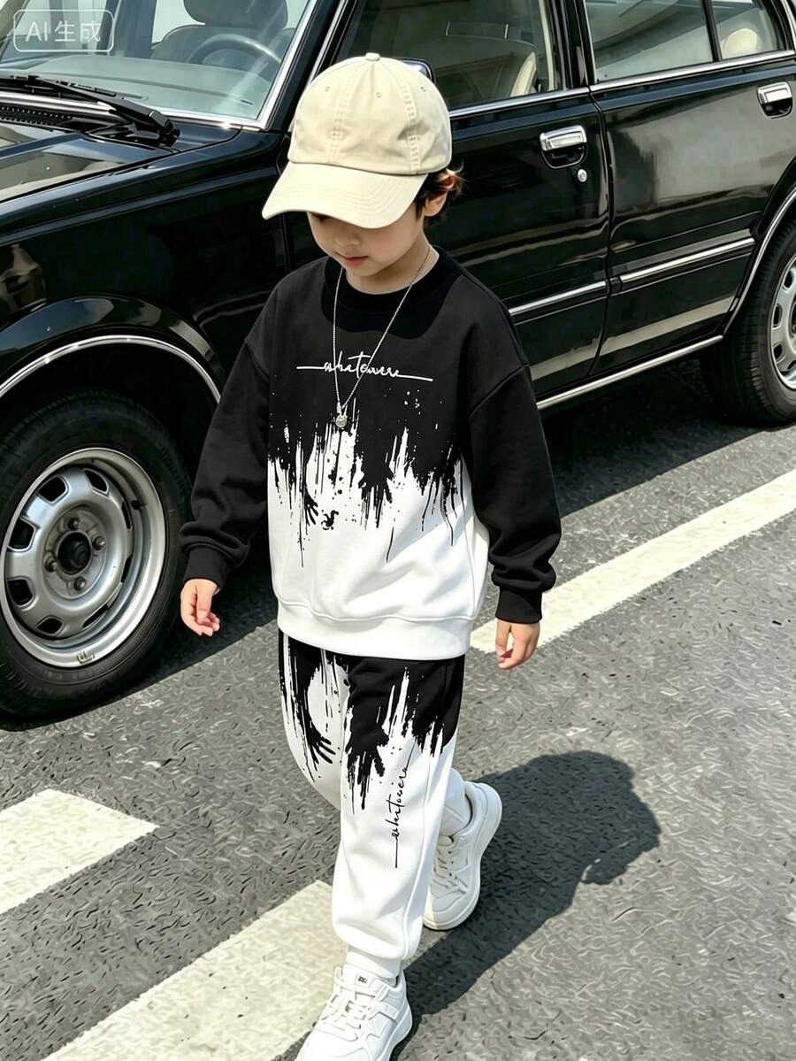 Setelan Kasual Anak Laki-Laki: Kaos Lengan Panjang Kerah Bulat dengan Motif Huruf dan Celana Olahraga - MultiWarna - View 1