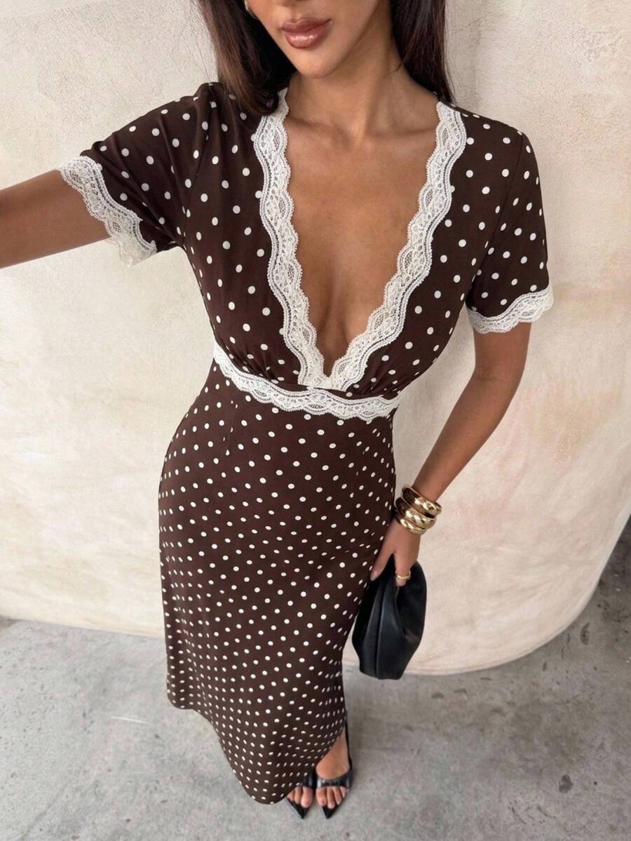 Aloruh Women's Autumn/Winter Polka Dot Print Lace Patchwork Extra Long A-Line Dress - Brown - View 1