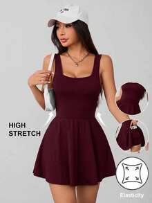 SHEIN PETITE 女款無袖下擺口袋短褲黑色連身褲 - 中紫紅色 - 查看 1