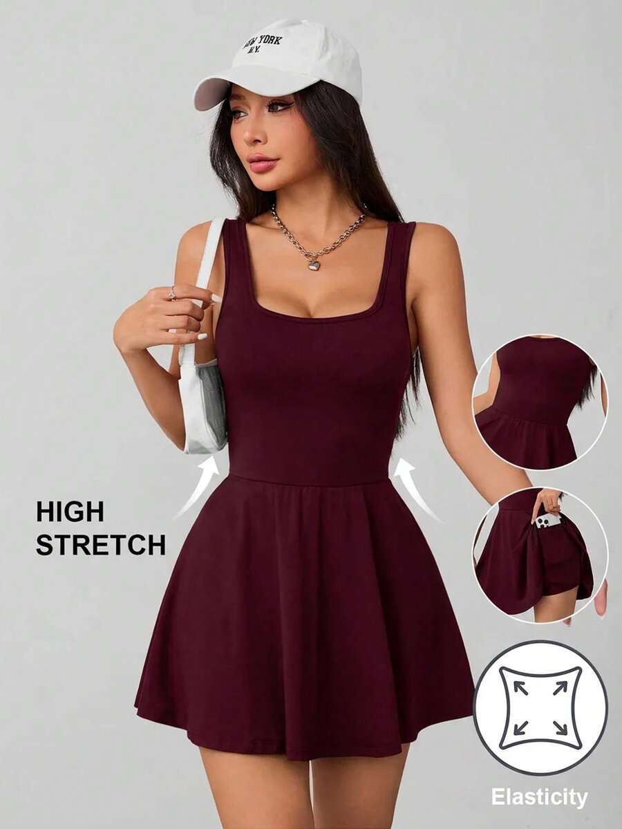 SHEIN PETITE 女款無袖下擺口袋短褲黑色連身褲 - 中紫紅色 - 查看 1