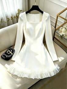 GlowEve Damenkleid mit quadratischem Ausschnitt, langen Ärmeln und Rüschensaum, elegant, romantisch, lässig, für Party, Tag, Herbst, Hochzeit, Off-White - Weiss - Übersicht 1