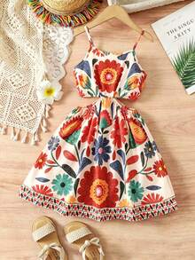 SHEIN Elladie kids 年轻女孩夏季假日花卉印花腰部镂空无袖连衣裙 - 彩色 - 查看 1