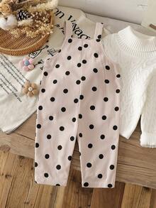 SHEIN Vintaside Kids 1件女嬰春秋米白色與黑色復古韓風大波點無袖寬腿連身褲，寬鬆直筒版型，適合日常外出、春季戶外活動、周歲生日派對、家庭旅行與拍照拍攝 - 杏色 - 查看 2