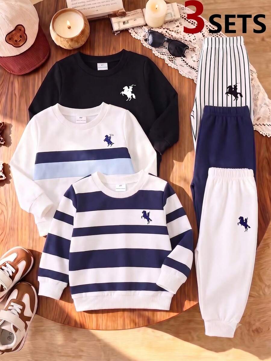 SHEIN 3套小男孩秋季運動衫套裝 海軍藍白色簡約條紋馬匹印花圓領上衣與長褲 返校季校園穿搭 - 彩色 - 查看 1
