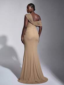 Elitara Plus Size Elegant Romantic Mesh One Shoulder Ruched Decor Fitted Bodycon Long Evening Dress For Women, Wedding Events, All Formal Occasions, Bridesmaid Dress - Khaki - View 2