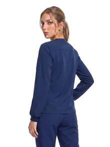 TaskEZ Deep Blue Long Sleeve Ribbed Cuff Crew Neck Multi-Pocket Convenient Comfortable Scrub Jacket - Blue - View 2