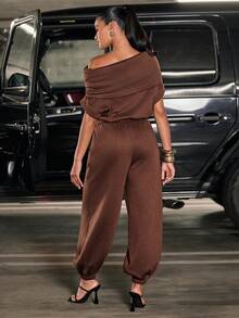 Hauture Women's Sexy Casual High Neck Hooded Multi-Wear Terry Sweatshirt Drawstring Hem Jumpsuit - Brown - View 2