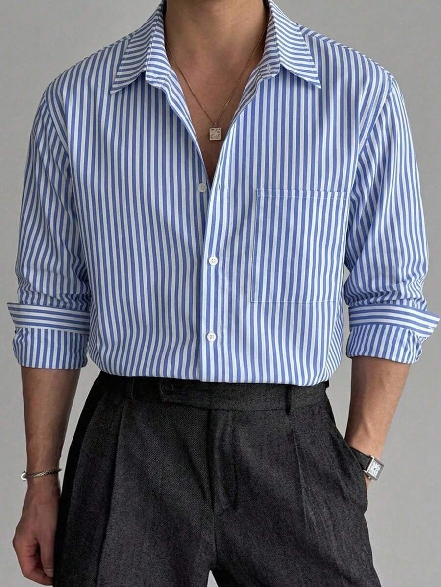 Claim Dot Men's Striped Single-Breasted Casual Pocket Long Sleeve Shirt - Blue - View 1