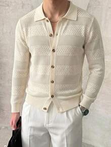 Genlund Men's Solid Color Hollow Out Long Sleeve Single-Breasted Knit Cardigan - Multicolor - View 1