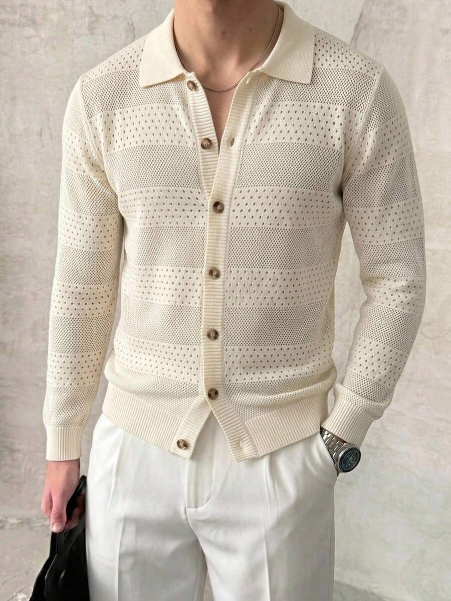 Genlund Men's Solid Color Hollow Out Long Sleeve Single-Breasted Knit Cardigan - Multicolor - View 1