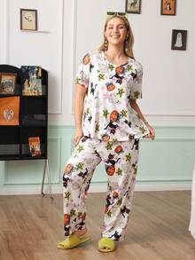 Chillnights Plus Size Women's Halloween Ghost & Pumpkin Print Short Sleeve & Long Pants Pajama Set - Multicolor - View 5