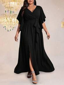 Auvina Plus Size Women's Solid Color Form-Fitting V-Neck Flared Short Sleeve Tie Waist Ruched Slit Elegant Party Maxi Dress - Black - View 5