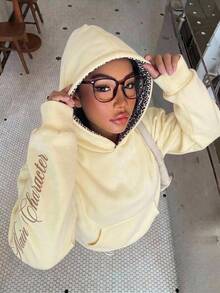 SHEIN 青少年女孩豹紋英文字母寬鬆休閒運動衫 - 黃色 - 查看 4