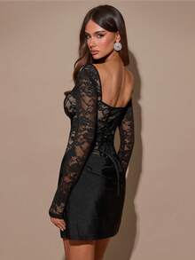 SHEIN BAE Vestido mini ajustado de manga larga con cuello cuadrado, espalda de encaje transparente con lazo, satén plisado, color negro puro, para primavera/otoño - Negro - Ver 2