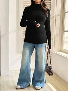 SHEIN Maternity Solid Color Minimalist Versatile Long Sleeve T-Shirt For Daily Wear - Black - View 4