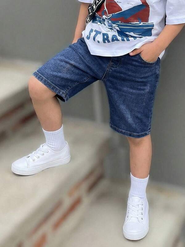 Shorts de mezclilla elásticos y cómodos para niños, diseño versátil de moda urbana Y2K vintage cool, azul, para uso diario, primavera-verano, rave, festival y homecoming