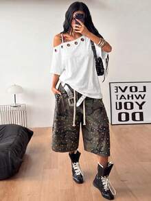 Coolane 女款秋季街頭風 Y2K 骷髏圖案萬聖節外出套裝 寬鬆版 - 白色 - 查看 9