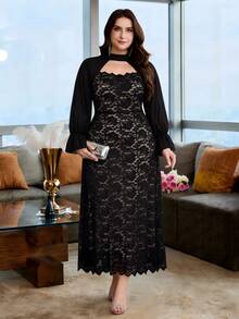 Modelyn Women's Plus Size Black Lace Patchwork Hollow Out Dress - Black - View 1