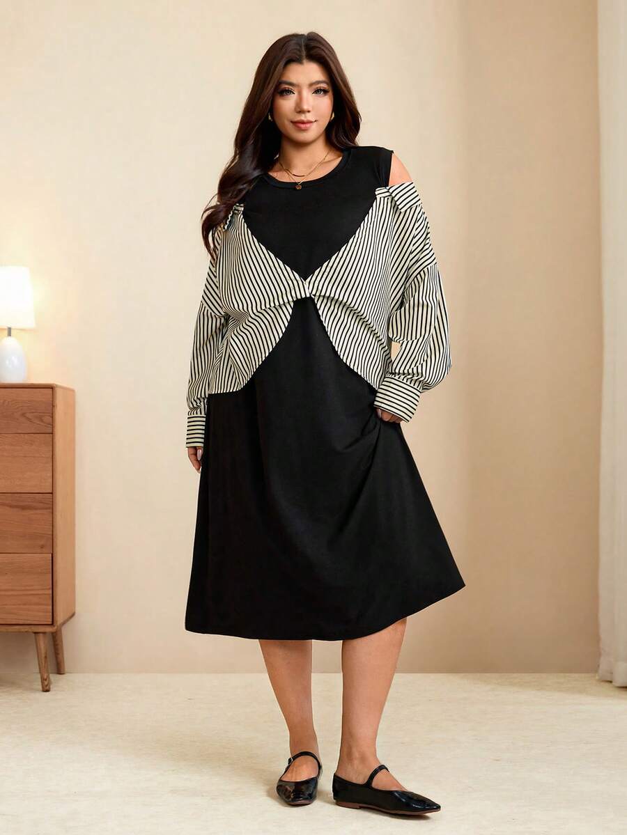 Edennvi Vestido de manga larga con rayas y patchwork, casual, holgado y cómodo, versátil para uso diario, moda de otoño/invierno para mujer de talla grande - Albaricoque - Ver 1